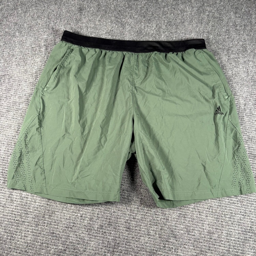 Adidas Athletic Shorts Mens 2XL Green Excellent Perforated Pockets Gym Workout
